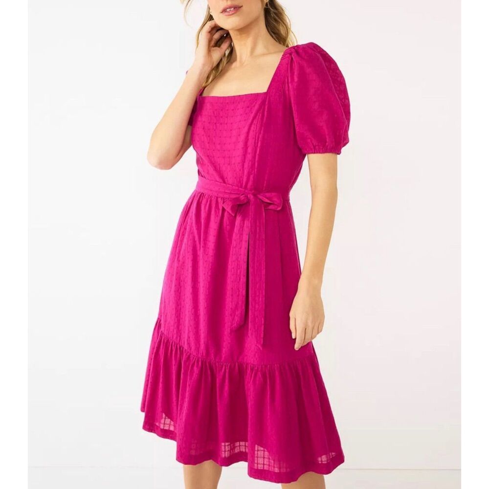 Draper James RSVP Hot Pink Puff Sleeve Smocked Cotton Midi Dress Womens Small